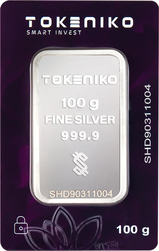 silver-bar-100gram-front خرید شمش نقره ۱۰۰ گرمی توکنیکو با عیار ۹۹۹.۹ و فناوری ضدجعل. وزن ایدهآل برای سرمایهگذاری با بودجه متوسط. اصالت تضمینی و ضمانت بازخرید از گالری کاظمی.